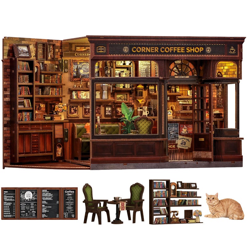 Fsolis Book Nook Kit DIY 3D Puzzles for Adults Coffee House Library Model Bookshelf Diorama Building Kit Craft Gifts for Women Readers Book Lovers Corner Coffee Shop - Image 2