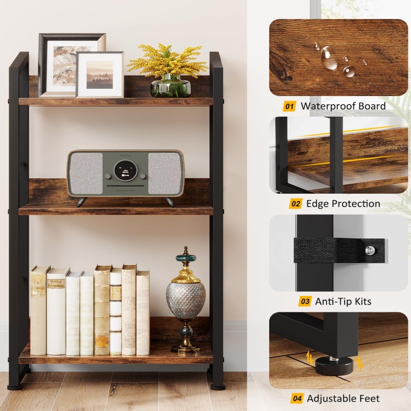 Hosfais Book Shelf Small Bookshelf: 3-Tier Wood Bookcase Industrial Bookshelf with Edge Protection Metal Narrow Bookcase Storage Organizer Display Rack for Bedroom Home Office (Brown) - Image 2