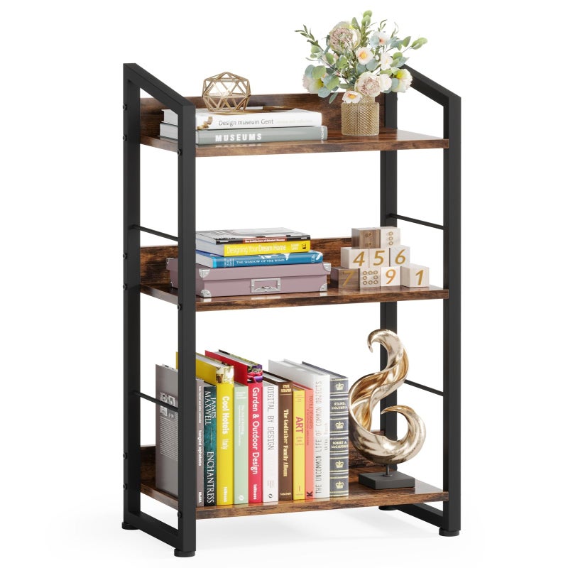 Hosfais Book Shelf Small Bookshelf: 3-Tier Wood Bookcase Industrial Bookshelf with Edge Protection Metal Narrow Bookcase Storage Organizer Display Rack for Bedroom Home Office (Brown) - Image 1