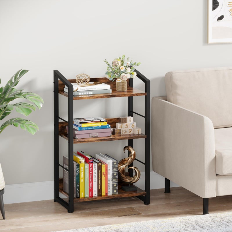 Hosfais Book Shelf Small Bookshelf: 3-Tier Wood Bookcase Industrial Bookshelf with Edge Protection Metal Narrow Bookcase Storage Organizer Display Rack for Bedroom Home Office (Brown) - Image 3