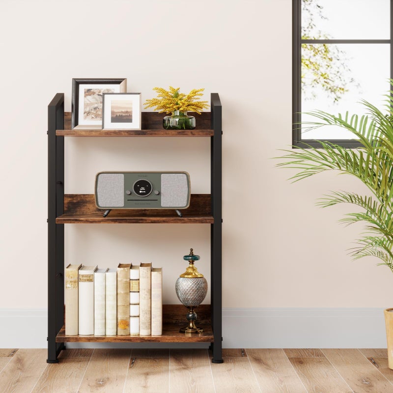 Hosfais Book Shelf Small Bookshelf: 3-Tier Wood Bookcase Industrial Bookshelf with Edge Protection Metal Narrow Bookcase Storage Organizer Display Rack for Bedroom Home Office (Brown) - Image 5