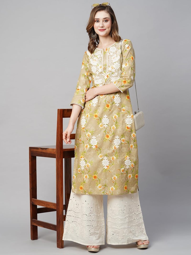 RATAN Women's Cotton Printed Straight Fit Lucknowi Chikankari Ethinic Wear Kurta (MUCH-BEG-3XL_Beige) - Image 3