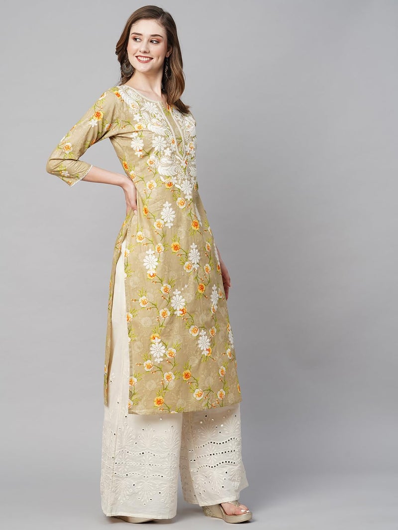 RATAN Women's Cotton Printed Straight Fit Lucknowi Chikankari Ethinic Wear Kurta (MUCH-BEG-3XL_Beige) - Image 5
