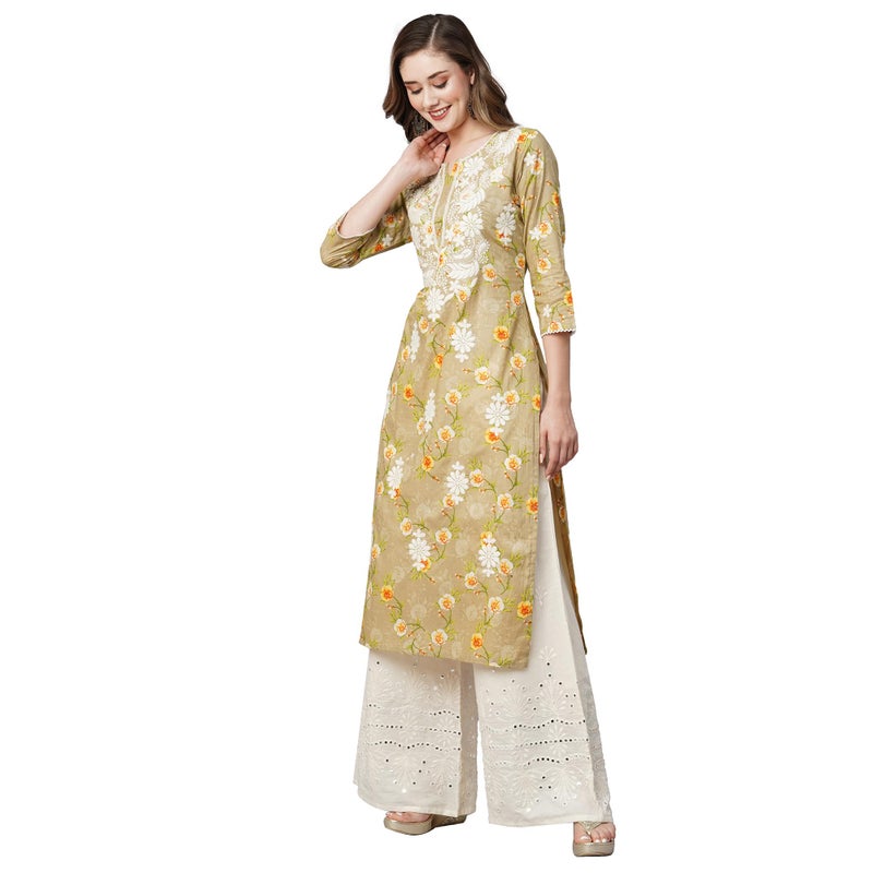 RATAN Women's Cotton Printed Straight Fit Lucknowi Chikankari Ethinic Wear Kurta (MUCH-BEG-3XL_Beige) - Image 2