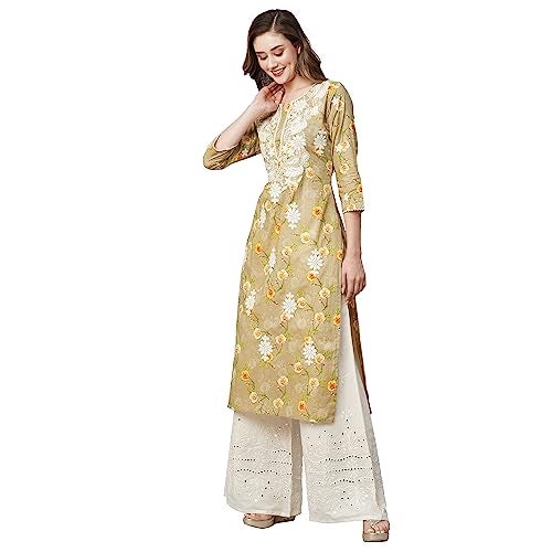 RATAN Women's Cotton Printed Straight Fit Lucknowi Chikankari Ethinic Wear Kurta (MUCH-BEG-3XL_Beige) - Image 1