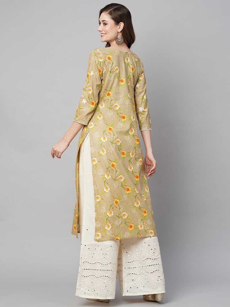 RATAN Women's Cotton Printed Straight Fit Lucknowi Chikankari Ethinic Wear Kurta (MUCH-BEG-3XL_Beige) - Image 4