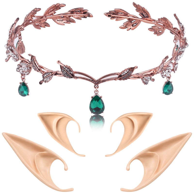 FRESHME 2 Pairs Fairy Elf Ears with Rhinestone Leaf Headpiece Set Soft Pointed Fairy Ears and Green Rhinestone Headband Gold Leaves Crown for Women Christmas Renaissance Halloween Custome - Image 2