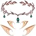 FRESHME 2 Pairs Fairy Elf Ears with Rhinestone Leaf Headpiece Set Soft Pointed Fairy Ears and Green Rhinestone Headband Gold Leaves Crown for Women Christmas Renaissance Halloween Custome - Image 3