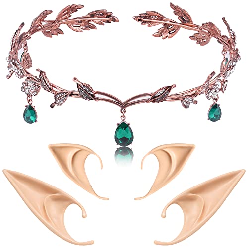 FRESHME 2 Pairs Fairy Elf Ears with Rhinestone Leaf Headpiece Set Soft Pointed Fairy Ears and Green Rhinestone Headband Gold Leaves Crown for Women Christmas Renaissance Halloween Custome - Image 1