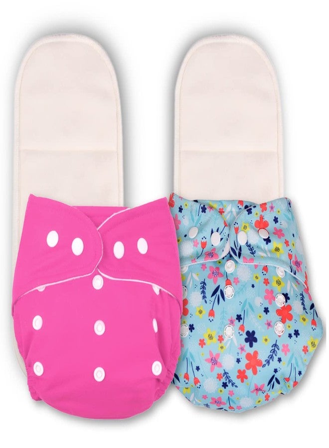 Deedry Baby Cloth Diapers Washable & Reusable Diapers with Adjustable Snap Buttons 3 Months- 3 Years 1 Pink & 1 Print Diaper + 2 Inserts/Pads - Image 1