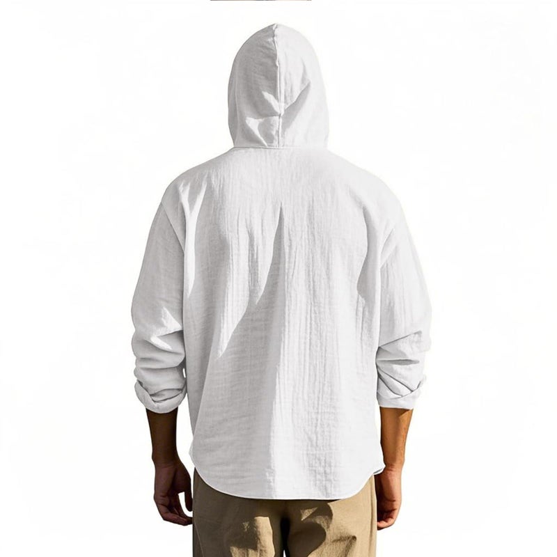 PIDOGYM Men Cotton Linen Long Sleeve Button Down Shirt Summer Casual Hawaiian Beach Tops Lightweight Fashion Hoodies White - Image 4