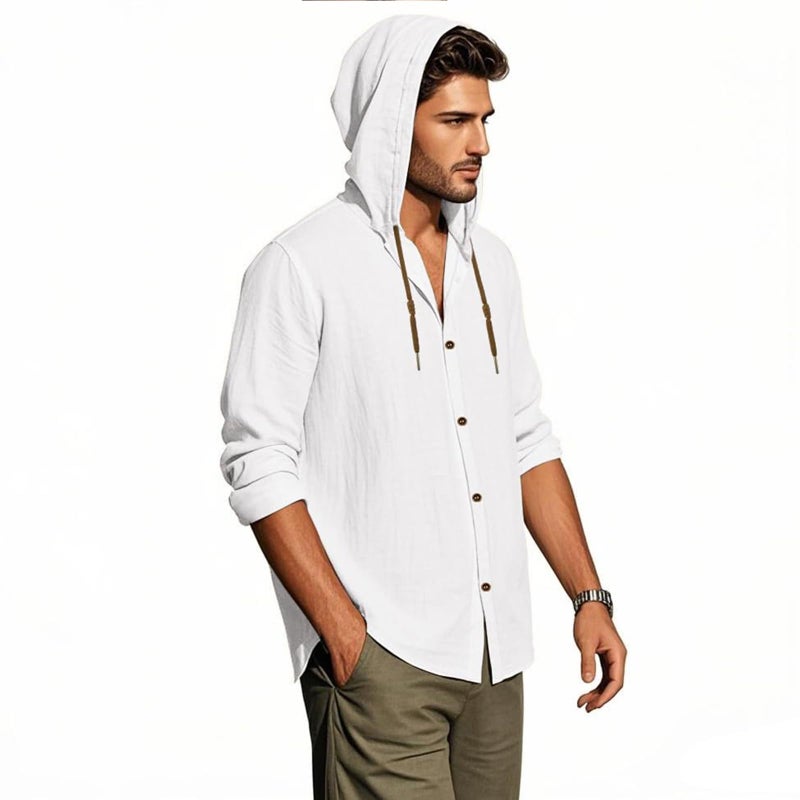 PIDOGYM Men Cotton Linen Long Sleeve Button Down Shirt Summer Casual Hawaiian Beach Tops Lightweight Fashion Hoodies White - Image 3
