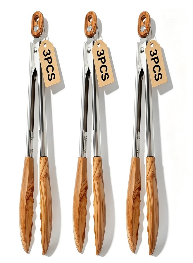 THDUJAYJAY 3Pcs Olive Wood Cooking Tongs with Woods Tips and Stainless Steel Handle Locking Kitchen Tongs Nonstick Wood Tongs Multifunctional Salad Tongs for Cooking Serving Grilling - Image 1
