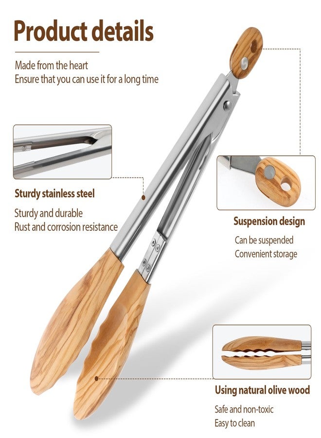 THDUJAYJAY 3Pcs Olive Wood Cooking Tongs with Woods Tips and Stainless Steel Handle Locking Kitchen Tongs Nonstick Wood Tongs Multifunctional Salad Tongs for Cooking Serving Grilling - Image 4