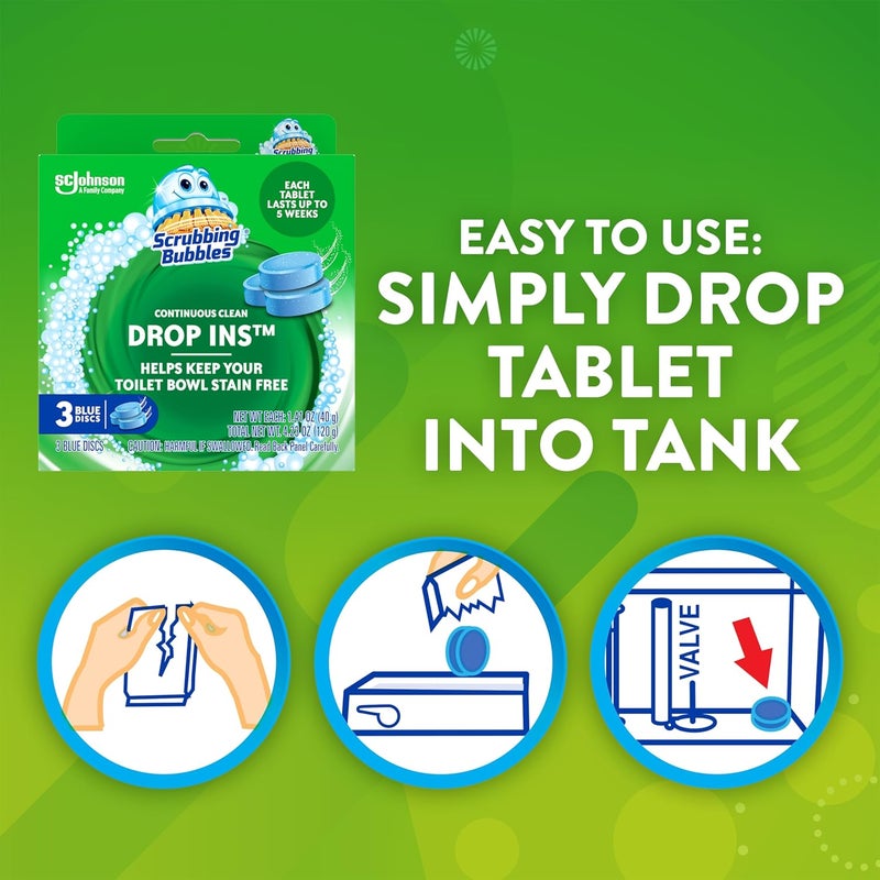 Scrubbing Bubbles Continuous Clean Toilet Drop-Ins, Automatic Blue Toilet Bowl Cleaner, Septic-Safe Tank Tablets Remove Hard Water Minerals & Limescale, Stain & Smell Protection, 3 Count (Pack of 1) - Image 5