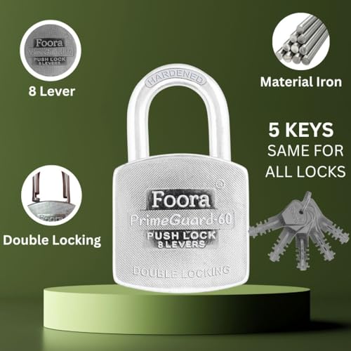 Foora PrimeGuard 60 Push Double Locking Padlock with Zinc Body and 5 Two-Way Keys - Heavy-Duty Door, Gate, and Shutter Lock - Secure Home and Business - Silver Finish - Image 2