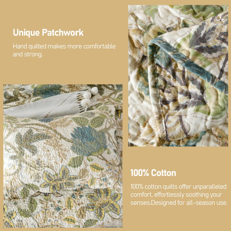 Durlengen Forest 100% Cotton King Quilt 3Pcs Bohemian Reversible Leaves & Flowers Pattern On White  Luxury Lightweight Coverlet Sets For All Season(King 106X96 Forest) - Image 3