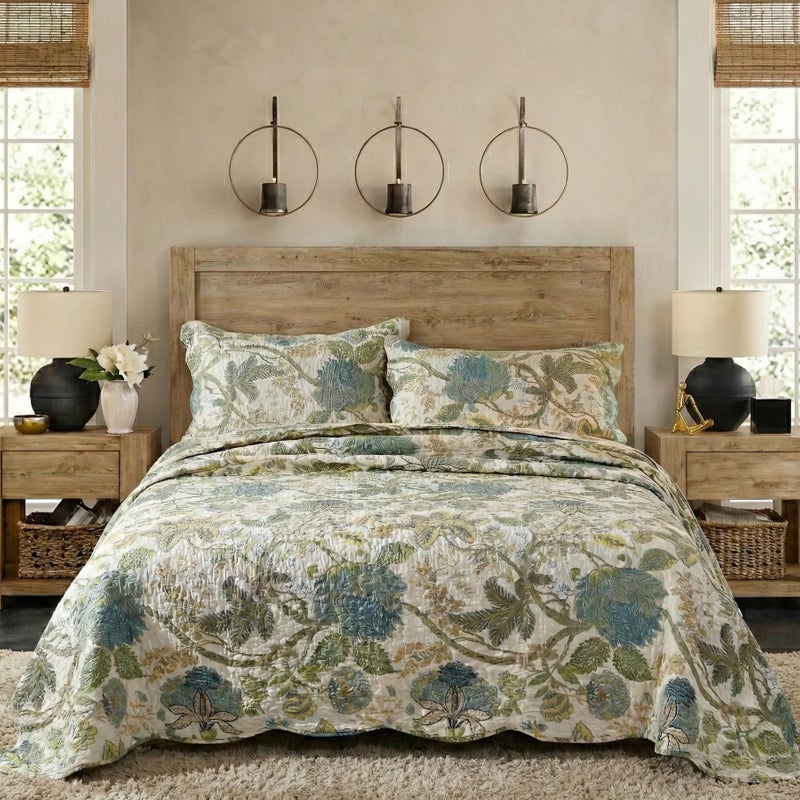 Durlengen Forest 100% Cotton King Quilt 3Pcs Bohemian Reversible Leaves & Flowers Pattern On White  Luxury Lightweight Coverlet Sets For All Season(King 106X96 Forest) - Image 1