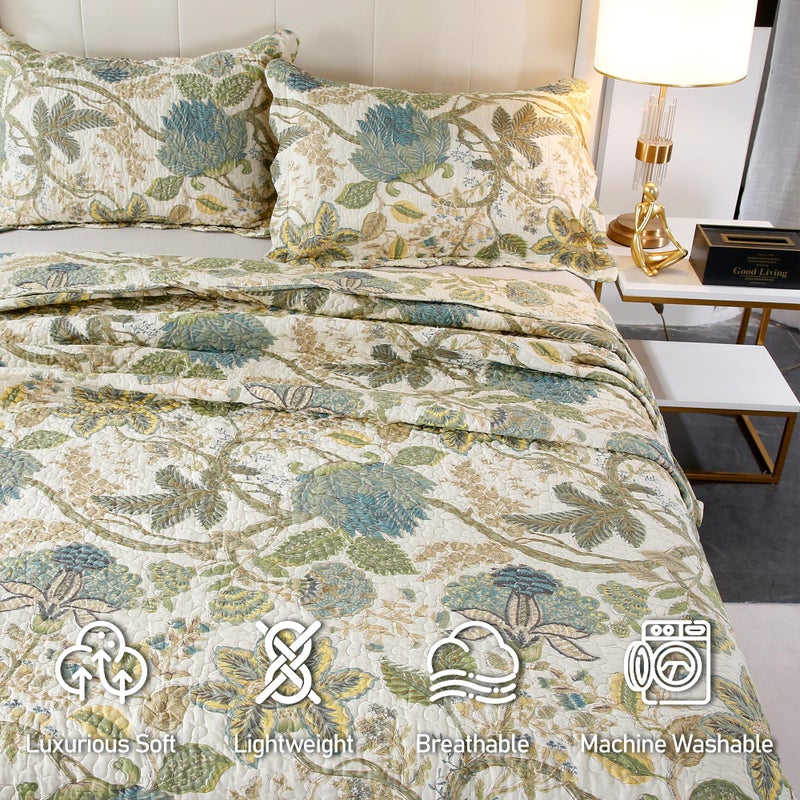 Durlengen Forest 100% Cotton King Quilt 3Pcs Bohemian Reversible Leaves & Flowers Pattern On White  Luxury Lightweight Coverlet Sets For All Season(King 106X96 Forest) - Image 2