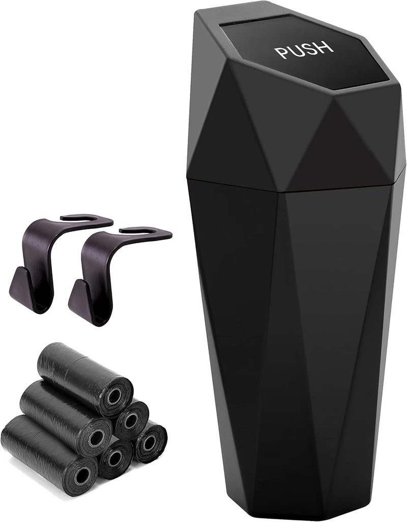 Ginsco Car Trash Can Cup Holder, Mini Car Trash Can with Lid, Car Accessories for Interior, Leakproof Small Trash Cup for Car, Home, Office, Bedroom with Additional 2 Hooks and 90pcs Trash Bags Black - Image 1