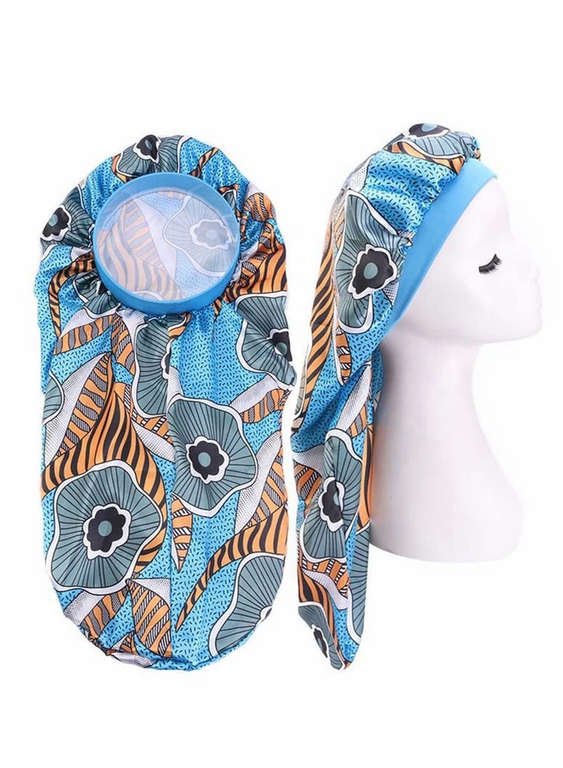 SOLARAE 2Pcs Long Braids Satin Bonnet,Soft Comfortable Elastic Band Silky Satin Sleep Cap Head Cover Elastic Band Sleeping Cap for Long Hair, Braids, Curly Hair, Night Sleep(Blue Flowers) - Image 1