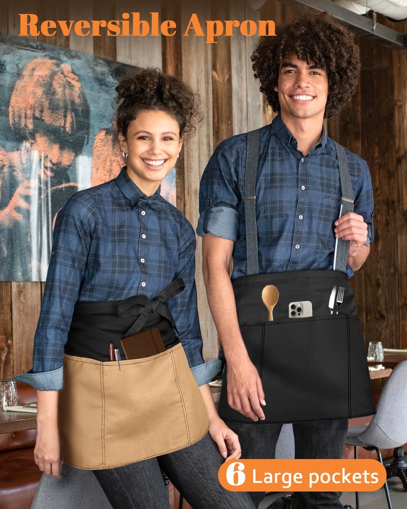 Slohif Reversible Server Apron 6 Pockets - Waist Apron for Waitress Women Khaki Half Serving Short Apron for Waiter Bistro Bar Restaurant Kitchen Accessories - Image 3