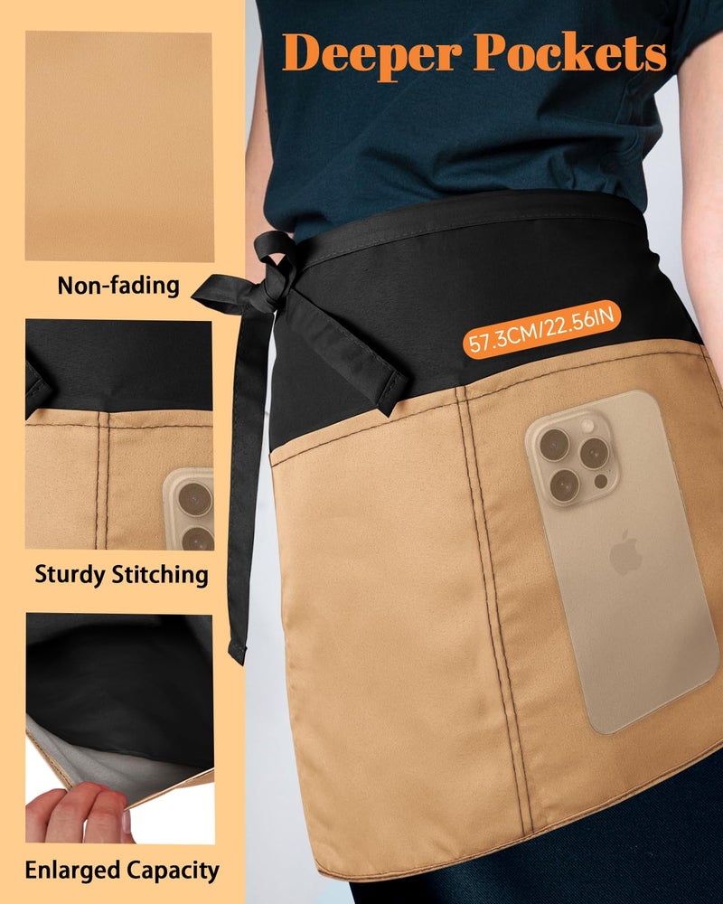 Slohif Reversible Server Apron 6 Pockets - Waist Apron for Waitress Women Khaki Half Serving Short Apron for Waiter Bistro Bar Restaurant Kitchen Accessories - Image 5