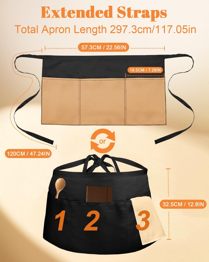 Slohif Reversible Server Apron 6 Pockets - Waist Apron for Waitress Women Khaki Half Serving Short Apron for Waiter Bistro Bar Restaurant Kitchen Accessories - Image 2