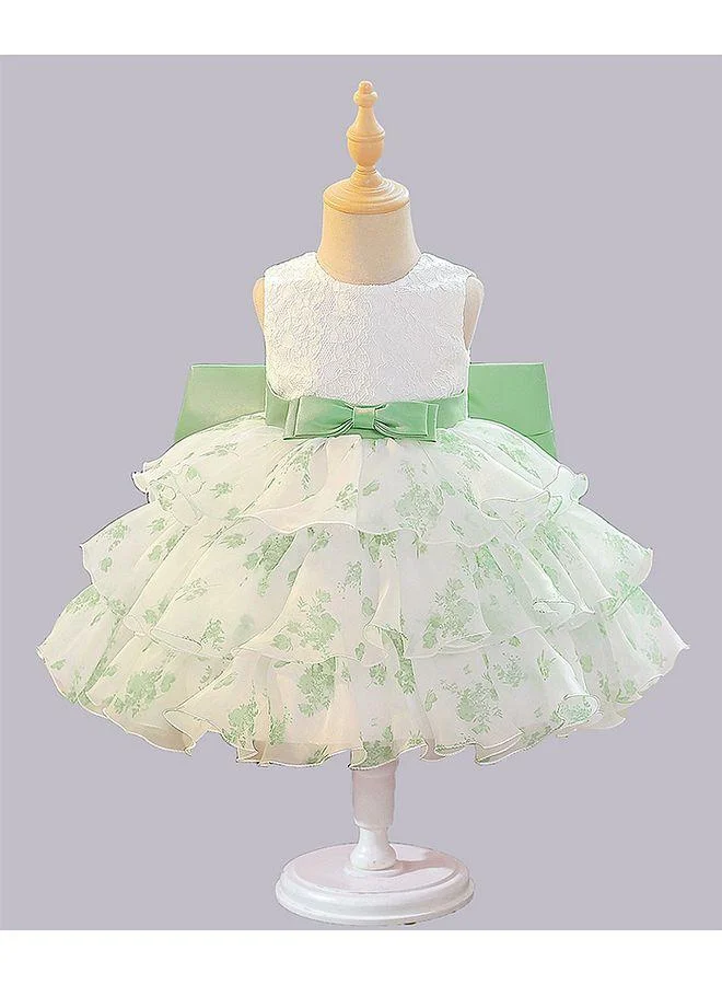 Mark & Mia Mark & Mia Floral Theme Printed and Embellished Sleeveless Frock - White and Green