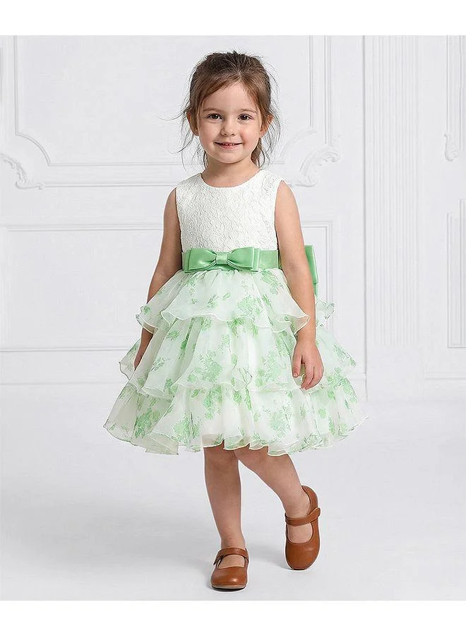 Mark & Mia Mark & Mia Floral Theme Printed and Embellished Sleeveless Frock - White and Green
