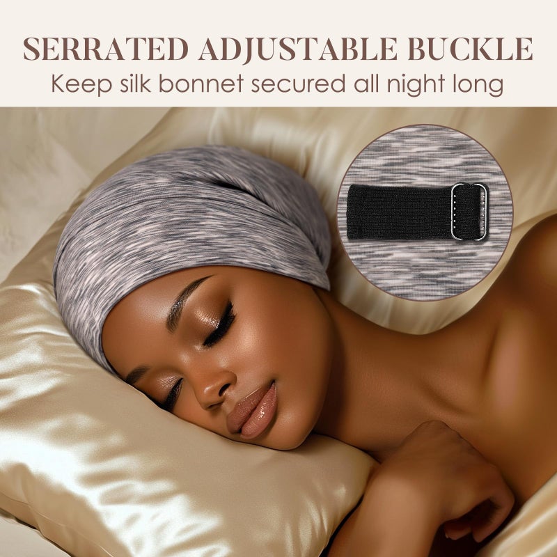 LULUSILK 100% Mulberry Silk Lined Sleep Cap, Adjustable Silk Hair Wrap for Sleeping, Assorted Color Light Grey - Image 4