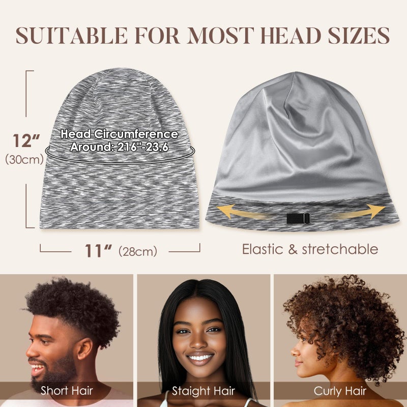 LULUSILK 100% Mulberry Silk Lined Sleep Cap, Adjustable Silk Hair Wrap for Sleeping, Assorted Color Light Grey - Image 5