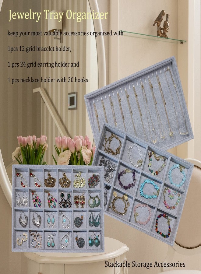 Stratalife Set of 3 Stackable Jewelry Organizer Tray Earring Display Trays Drawer Organizer Inserts Accessory Storage Grey - Image 2