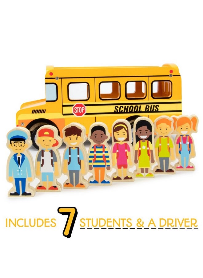 Back To School Bus Wooden Vehicle Play Set With 8 Character Figures 7 Students 1 Bus Driver
