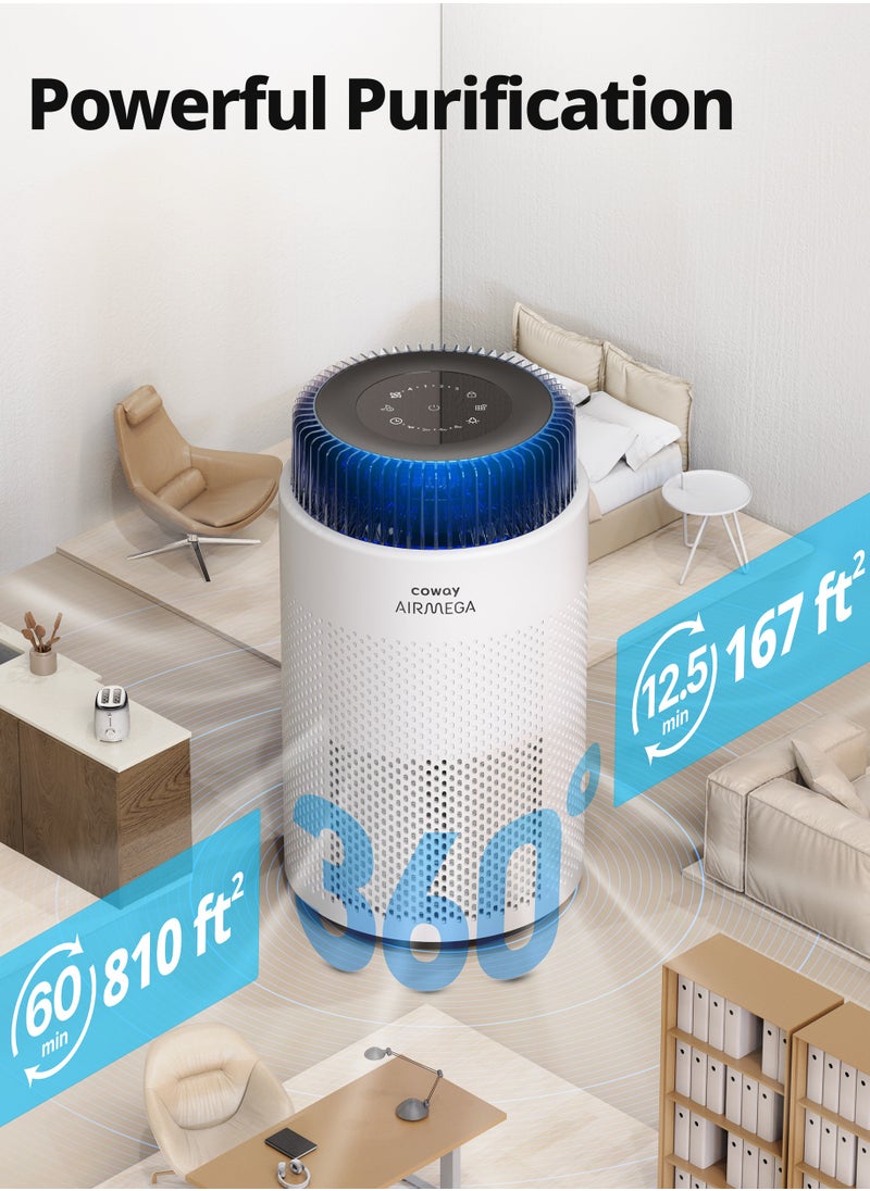 COWAY COWAY Air Purifier for Home Bedroom 810 ft², Mood Light Air Quality Indicator, 3-in-1 Filter, GreenHepa, Super Quiet Sleep Mode, Removes 99.99% Pet, Dust, Odours, Allergies, Quiet 24db, AM100 White  - Image 2