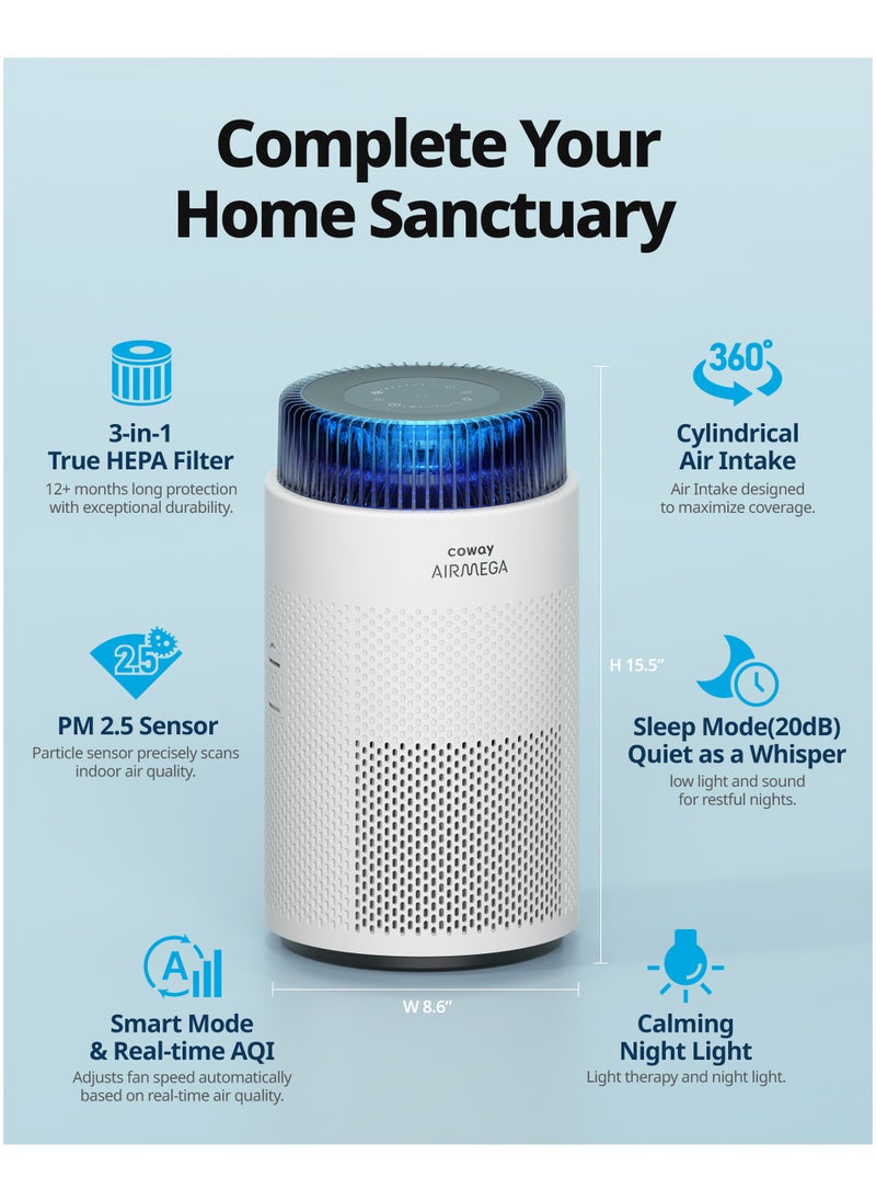 COWAY COWAY Air Purifier for Home Bedroom 810 ft², Mood Light Air Quality Indicator, 3-in-1 Filter, GreenHepa, Super Quiet Sleep Mode, Removes 99.99% Pet, Dust, Odours, Allergies, Quiet 24db, AM100 White  - Image 4