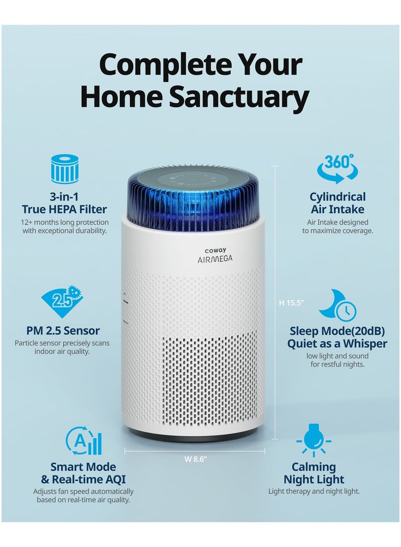 COWAY AM100 Air Purifier for Home & Bedroom up to 810 ft² | GreenHEPA 3-in-1 Filter | Mood Light Air Quality Indicator | Super Quiet 24dB Sleep Mode | Removes 99.99% Dust, Pets, Odours & Allergens | 2 year Warranty | White - Image 4