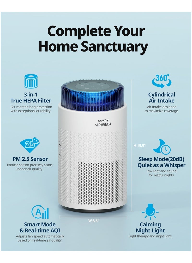 COWAY Air Purifier for Home up to 75 m² - SleepWell with soothing Mood Lighting and Super Quiet Operation for Bedroom, GreenHEPA, Removes 99.99% Pet, Dust, Odours, Allergies, AM100 - Image 4