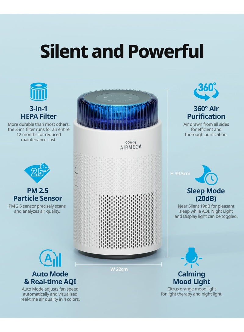 Coway Airmega 100 - for Home up to 810 ft², HEPA + Carbon Filter. SleepWell with soothing Mood Lighting, Super Quiet, AQI Monitor, Auto mode removes 99.99% Allergens, Dust, Pet & Odours, 5yr Warranty - Image 3