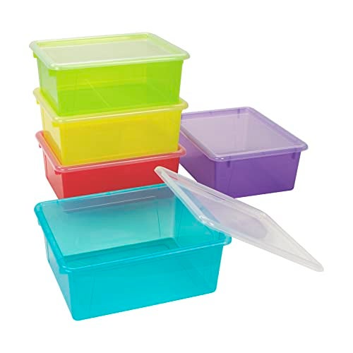 Storex Letter Size Deep Storage Tray – Organizer Bin with Non-Snap Lid for Classroom, Office and Home, Assorted Tints, 5-Pack (62550B05C) - Image 1