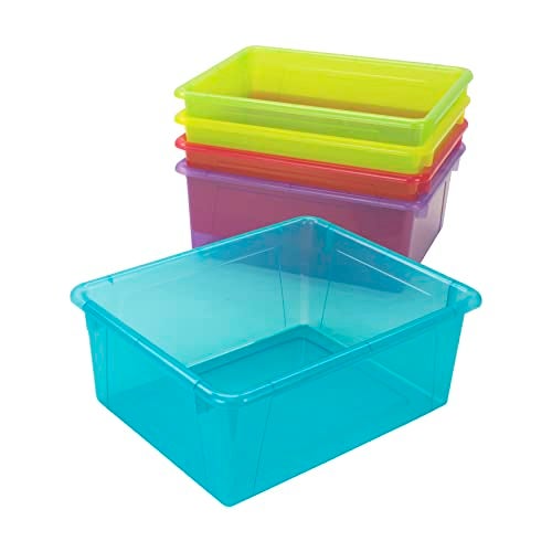 Storex Letter Size Deep Storage Tray – Organizer Bin with Non-Snap Lid for Classroom, Office and Home, Assorted Tints, 5-Pack (62550B05C) - Image 2
