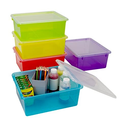 Storex Letter Size Deep Storage Tray – Organizer Bin with Non-Snap Lid for Classroom, Office and Home, Assorted Tints, 5-Pack (62550B05C) - Image 4