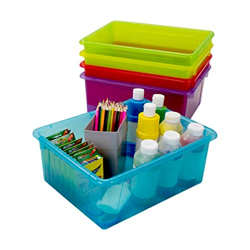 Storex Letter Size Deep Storage Tray – Organizer Bin with Non-Snap Lid for Classroom, Office and Home, Assorted Tints, 5-Pack (62550B05C) - Image 5
