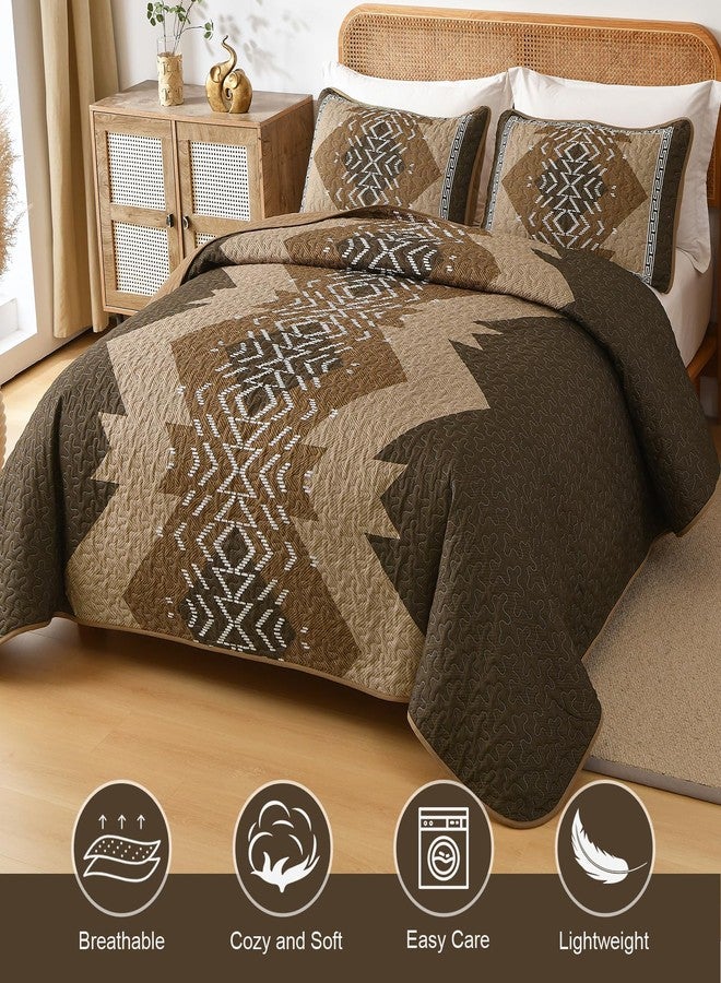 Dintszyayue Brown Quilt Set Queen Size,3 Piece Boho Aztec Texture Bedspread Coverlet Set Reversible Lightweight Bedding Set Geometric Bohemian Bed Cover with 2 Pillowcases(Dark Brown,90"x96") - Image 2