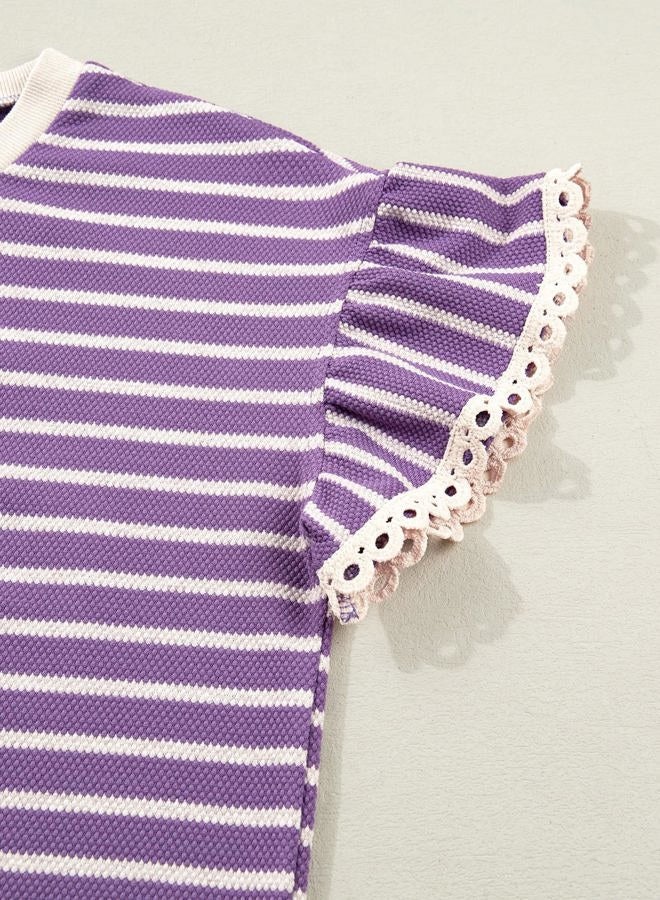 Shein Women Summer Loose Fit Tops Trendy Rib Knit Stripe Shirt 2026, Beige and Purple, XXL - Image 5