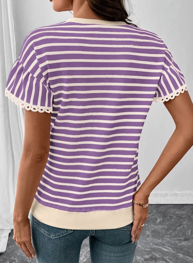 Shein Women Summer Loose Fit Tops Trendy Rib Knit Stripe Shirt 2026, Beige and Purple, XXL - Image 3