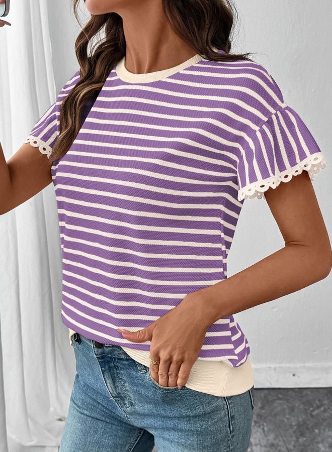 Shein Women Summer Loose Fit Tops Trendy Rib Knit Stripe Shirt 2026, Beige and Purple, XXL - Image 2