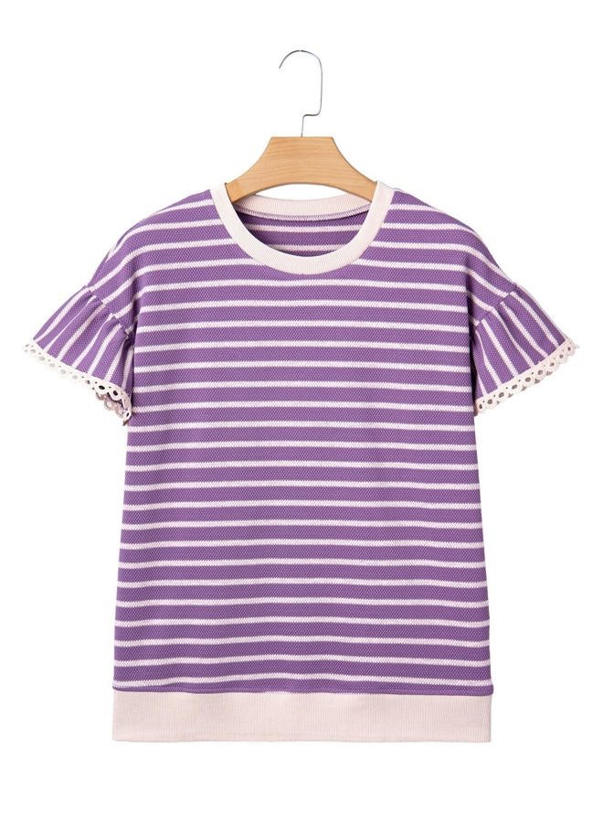 Shein Women Summer Loose Fit Tops Trendy Rib Knit Stripe Shirt 2026, Beige and Purple, XXL - Image 4