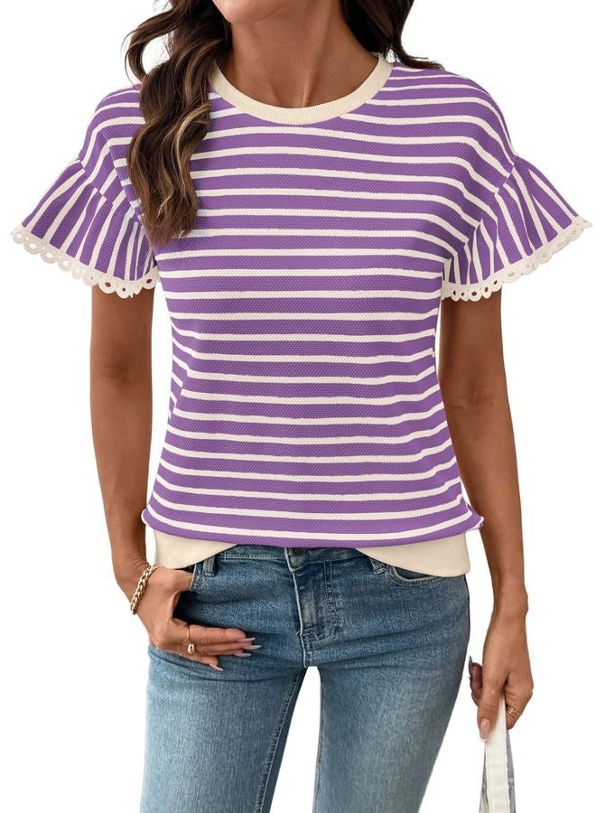 Shein Women Summer Loose Fit Tops Trendy Rib Knit Stripe Shirt 2026, Beige and Purple, XXL - Image 1