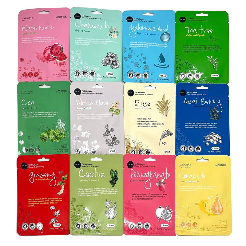 Celavi KBeauty Skincare Essence Facial Face Mask Korea Skin Care Moisturizing C Set 12 Pack
